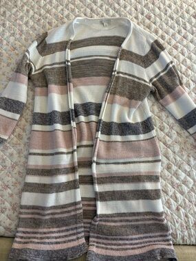 Cato Striped Open-Front Knit Cardigan in White, Pink & Brown